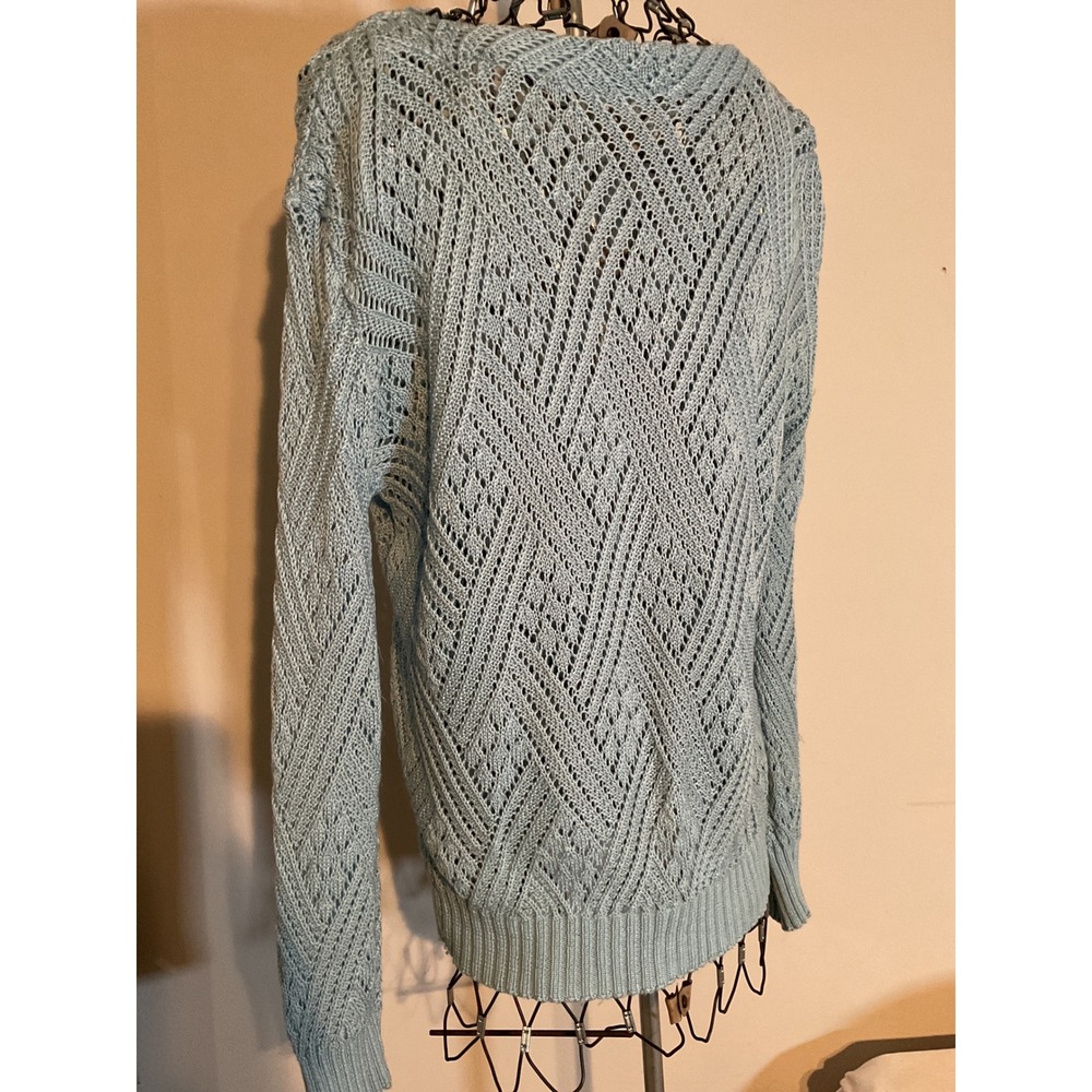 Arielle Vintage Light Blue Pointelle Knit Sweater Chevron Open‎ Weave Pullover